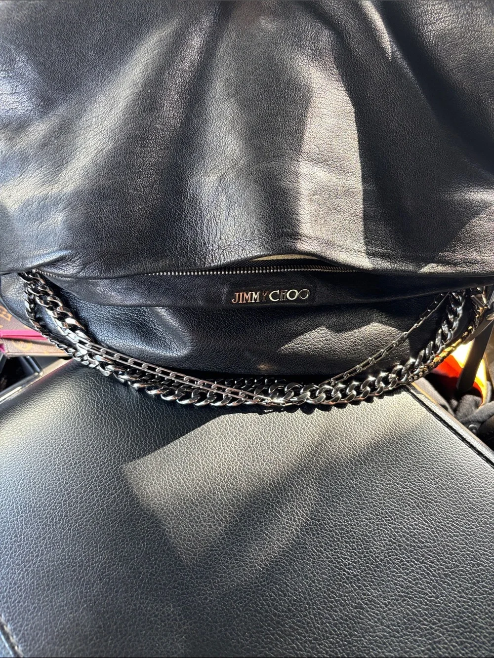 Jimmy Choo Black Leather Shoulder Bag with Silver Chain Trim